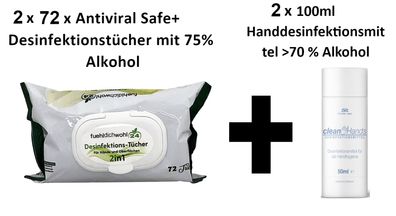 2 x 72 Stk. FDW Desinfektionstuch + 2 x 100ml Handdes. m. Alk (Gr. 200 ml)