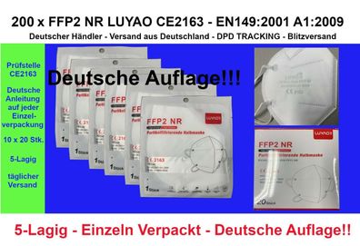 200 x FFP2 LUYAO Atemschutz Mundschutz Maske - 5-Lagig - > 94% Filterleistung