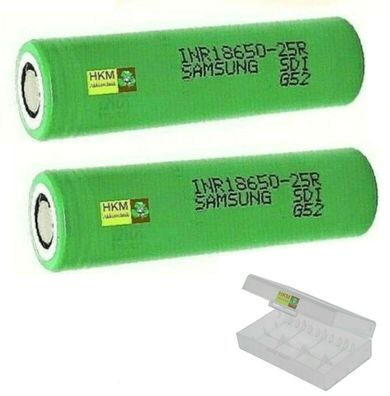 2 x Samsung SDI INR18650-25R Li Akku 2500 mAh 3,6 V / 3,7 V 22A mit Transportbox