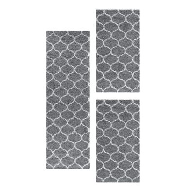 Teppich Set Shaggy Läufer Läuferset Design Kachel Tile Jacquard 3 Teile Grau