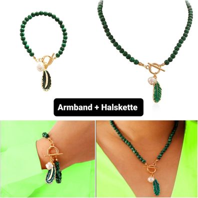 Damen Armband und Halskette Schmuckset Geschenkidee Grün Perlenoptik Elegant Schmuck
