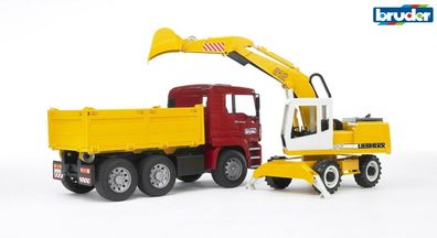 Bruder 02751 MAN TGA Kipplastwagen mit Liebherr Schaufelbagger Baufahrzeug Neu