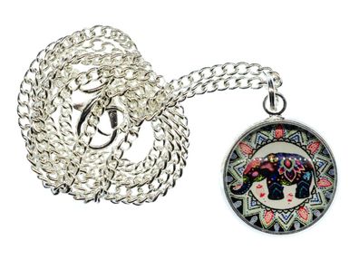 Cabochon Elefanten Kette Halskette 45cm Elefant Muster Boho Ethno indisch bunt