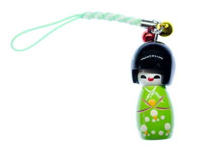 Geisha Handyanhänger Anhänger Schlüsselanhänger Puppe Asien Kokeshi Holz grün