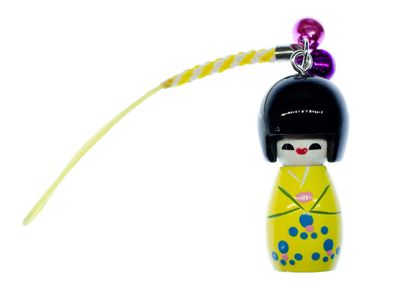 Geisha Handyanhänger Anhänger Schlüsselanhänger Puppe Asien Kokeshi Holz gelb