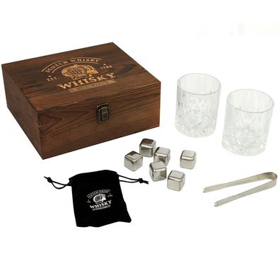Whisky Eiswürfel Set mit Gläser Zange Kühlsteine Beutel in Holzbox Geschenkset