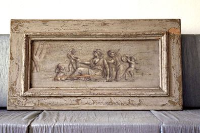 Gemälde handgemalt Ara Pacis Augustae Altar Rom 47 x 89cm Antik Alt Teak Holz