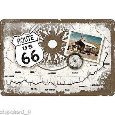 Blechschild 20 x 30, Route 66 Compass, Werbeschild Art. 22114