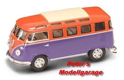VW T1 Microbus orang + Vitrine, Yat Ming Modell 1:43, Neu