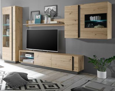 Wohnwand Wohnzimmer Fernseher Schrankwand Eiche Artisan grau Louna Möbel 315 cm