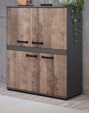 Highboard Kommode in Eiche Tabak und grau 100 x 118 cm Highboard Stripe 4-türig