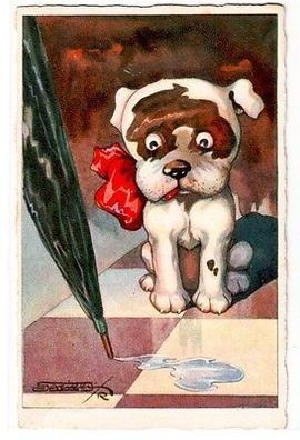 63733 Humor Ak Hund neben tropfendem Regenschirm 1927