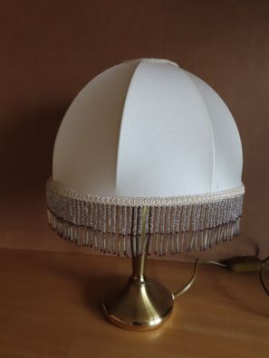 Tischleuchte Tischlampe Metall goldfarben Stoffbezogener Schirm und hängende Perlen