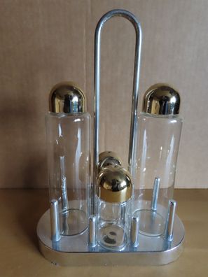 Essig Öl Pfeffer Salz mit Gestell Glas u. Plastik Menage Set