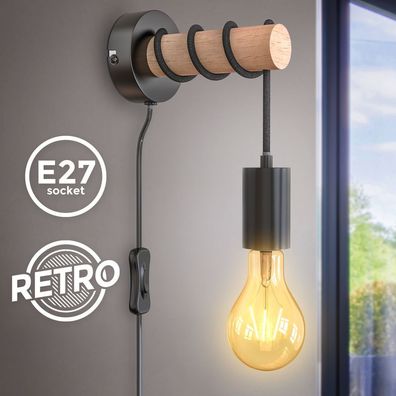 LED Wandleuchte Industriell Metall Holz Retrolampe Vintage schwarz E27 Kabel