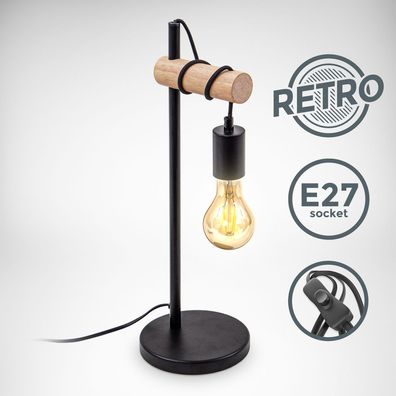 LED Tischlampe Retro Holz Metall Schwarz Vintage Nachttisch-Leuchte exkl. 1x E27