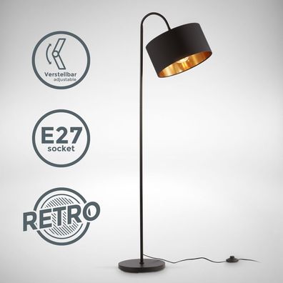 Stehleuchte Retro schwarz-gold Stoff E27 gebogen flexibel Stehlampe Wohnzimmer