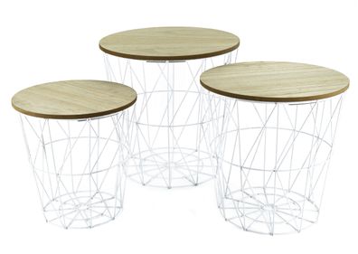 Tisch Set Korb 3er Set - WEIßER Korb mit Tischplatte in natur - Beistelltisch rund