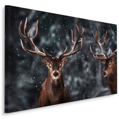 CANVAS Leinwandbild XXL Wandbilder Hirsche WALD Bäume Winter 1110