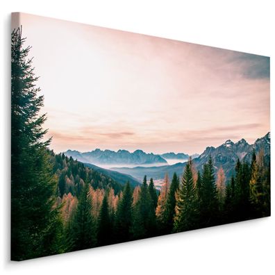 CANVAS Leinwandbild XXL Wandbilder Flur Berge im Nebel ALPEN Wald 3D 1170