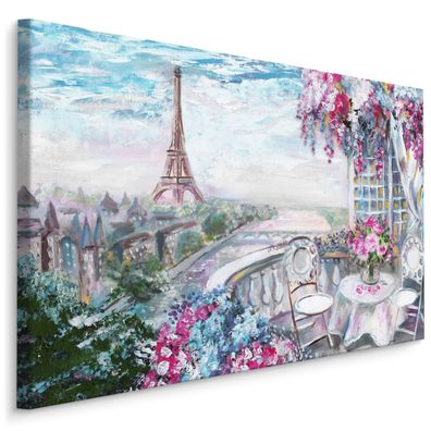 CANVAS Leinwandbild XXL Wandbilder Ansicht Paris Blumen Gemälde 1195