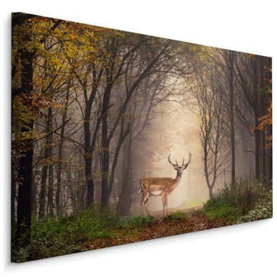 CANVAS Leinwandbild XXL Wandbilder Flur Hirsch WALD Bäume Natur 1076
