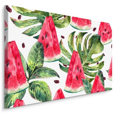 CANVAS Leinwandbild XXL Wandbilder Wassermelonen tropische Blätter 742