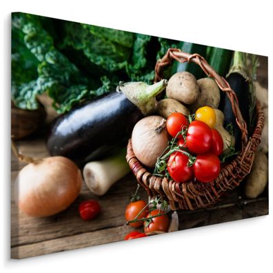 CANVAS Leinwandbild XXL Wandbilder Küche Korb mit Gemüse grün Holz 764
