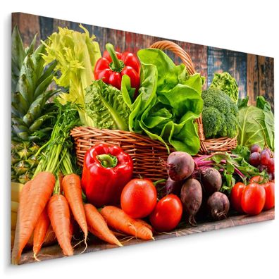 CANVAS Leinwandbild XXL Wandbilder Kunstdruck Küche Gemüse Obst Holz Korb 775