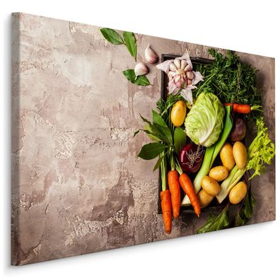 CANVAS Leinwandbild XXL Wandbilder Küche Gemüse Blätter Beton grün 778