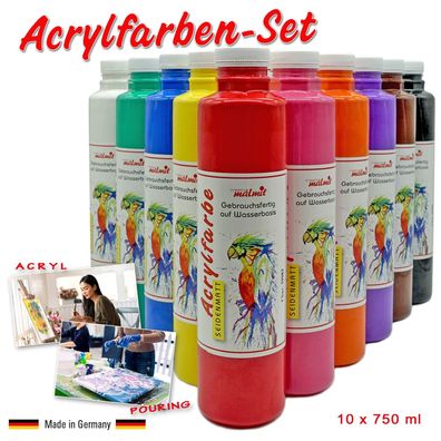 Acrylfarben 10er Set je 750 ml Künstlerfarben Acryl Malfarben Seidenmatt Pouring