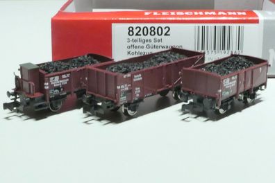 Fleischmann N DRG 3teil. Set 2achs O-Wagen m. Kohle beladen braun 820802 NEU OVP