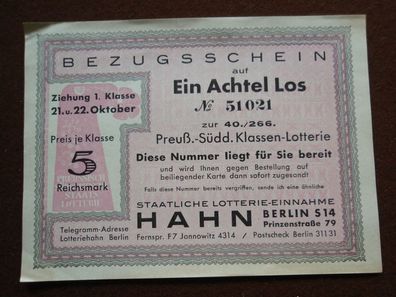 Lotterielos Achtel Los Bezugsschein Preußisch Süddeutsche zur 40./266.