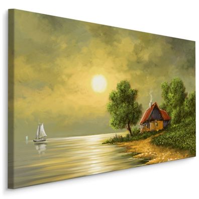 CANVAS Leinwandbild XXL Wandbilder Flur Haus am Wasser Gemälde 3D 1254