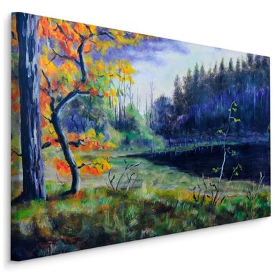 CANVAS Leinwandbild XXL Wandbilder Herbst Wald Gemälde Landschaft 3D 1268