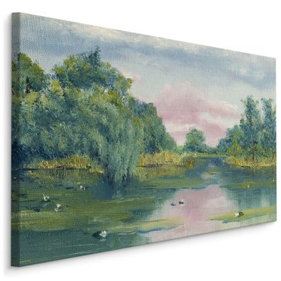 CANVAS Leinwandbild XXL Wandbilder Büro Fluss im Wald Bäume Gemälde 1305