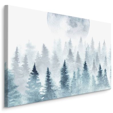 CANVAS Leinwandbild XXL Wandbilder Wald im Nebel MOND Aquarell 1313