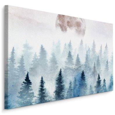 CANVAS Leinwandbild XXL Wandbilder MOND Wald im Nebel Aquarell 1320