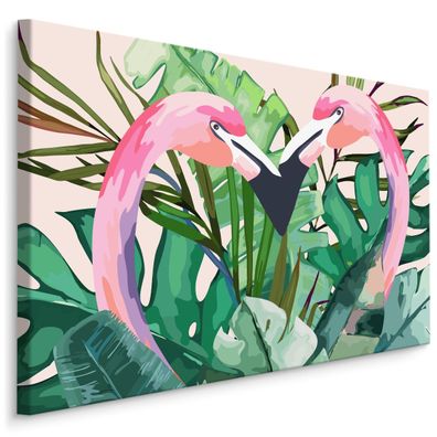 CANVAS Leinwandbild XXL Wandbilder Flamingos Vögel Blätter HERZ 916