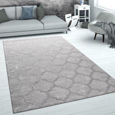 Teppich Wohnzimmer Kurzflor Marokkanisches Muster 3D Effekt Weich Grau Silber