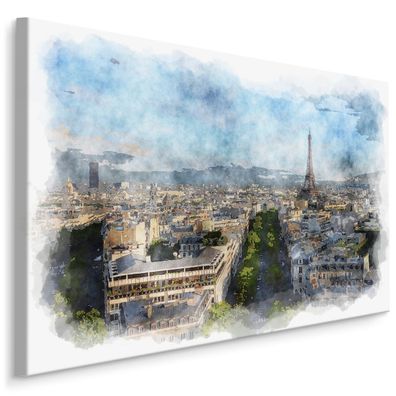 CANVAS Leinwandbild XXL Wandbilder Kunstdruck Panorama von Paris Aquarell 238