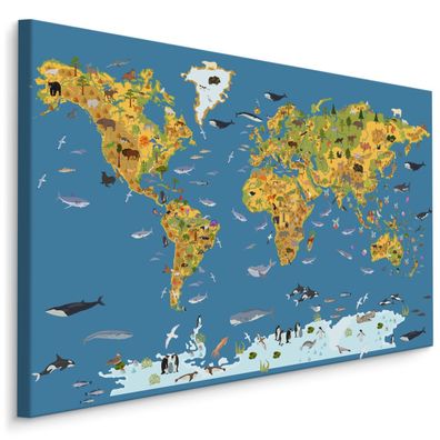 CANVAS Leinwandbild XXL Wandbilder für Kinder Weltkarte TIERE 3D 1484