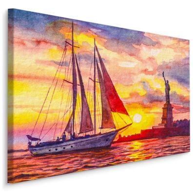 CANVAS Leinwandbild XXL Wandbilder Freiheitsstatü Segelboot NEW YORK 1518