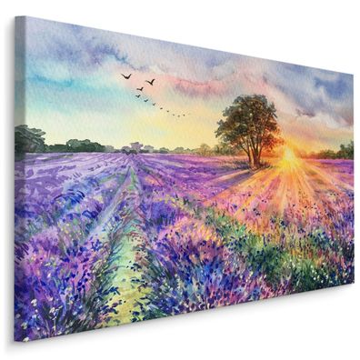 CANVAS Leinwandbild XXL Wandbilder Lavendelfeld gemalt Aquarell 3D 1600