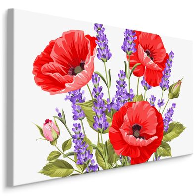 CANVAS Leinwandbild XXL Wandbilder Mohnblumen Lavendel Strauß Blumen 1606