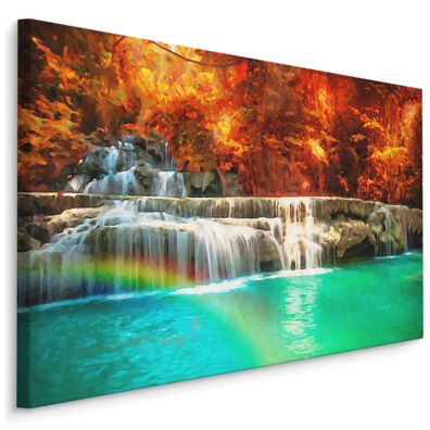 CANVAS Leinwandbild XXL Wandbilder Wasserfall im Wald Aquarell Dekor 3D 1643