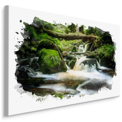 CANVAS Leinwandbild XXL Wandbilder Wasserfall Felsen Aquarell Dekor 1691