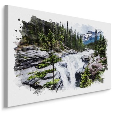 CANVAS Leinwandbild XXL Wasserfall Berge Landschaft 3D Aquarell 1693