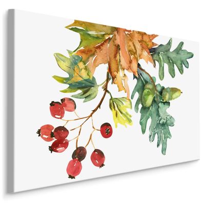 CANVAS Leinwandbild XXL Wandbilder Blätter Früchte gemalt Aquarell Natur 1701