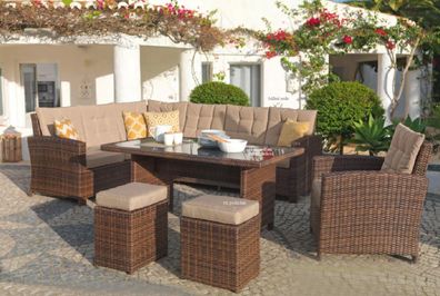Luxus Ecklounge 6-teilig Gartenmöbel Rattan Garten Eck Sofa Lounge Chiara Braun